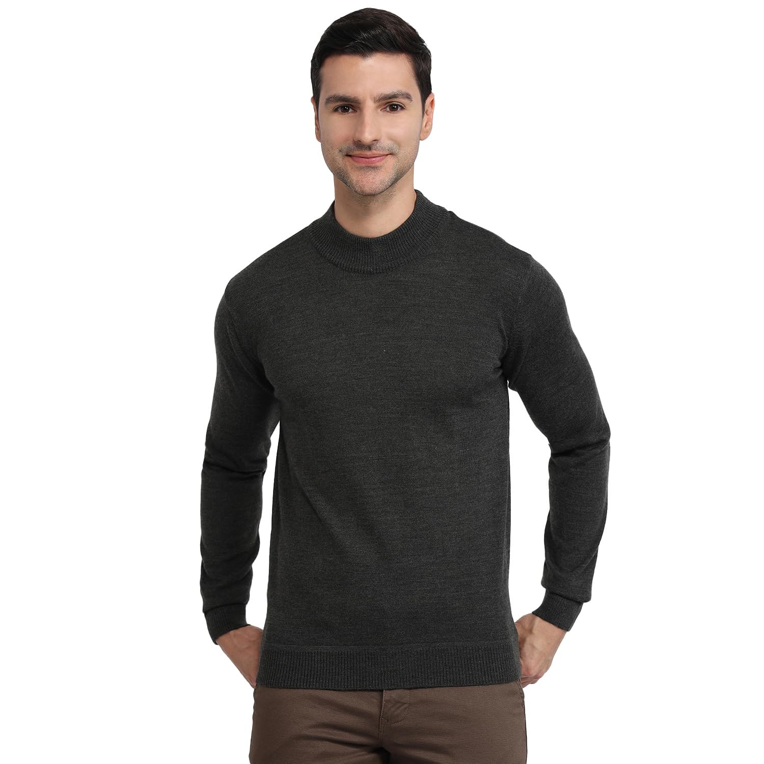 Men Contemporary Fit Solid Pattern Merino Wool Acrylic Blend Full Sleeve Turtle Neck Casual Sweater Grey-image-40