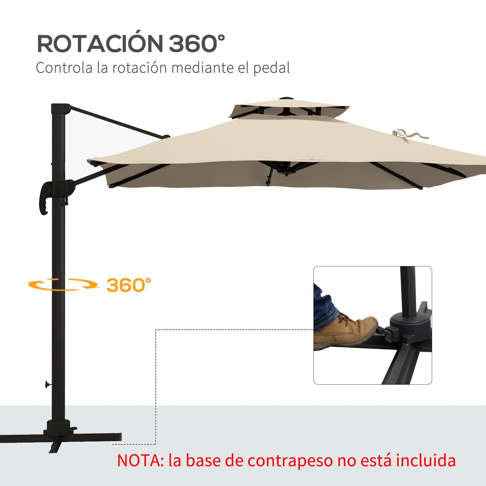 Outsunny Sombrilla de Terraza Exterior 300x300 cm de Aluminio Caqui | Con Manivela, Poste Giratorio 360°, Doble Techo, Inclinable en 6 Posiciones, Base Cruzada Incluida