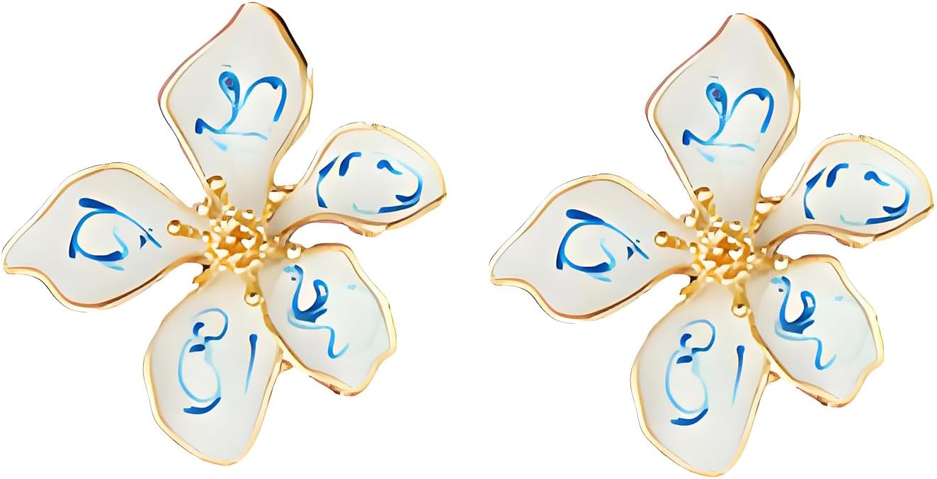 Flower Earrings for Women Blue and White Floral Earrings Trendy Large Statement Earring Irregular Petal Stud Earring Unique Jewelry - Image 2