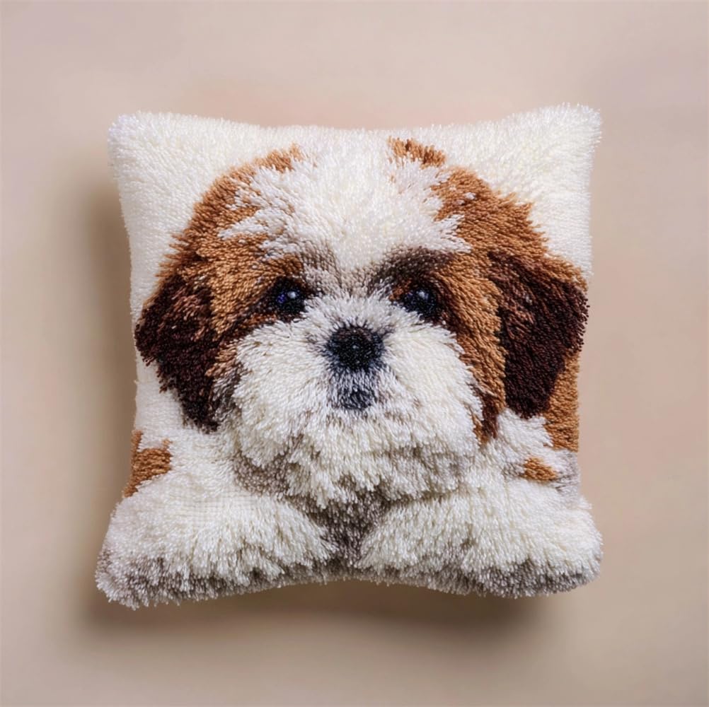kitphoenix Latch Hook Cushion Kits for Adults White Brown Shih Tzu Puppy Rug Cover Pillowcase Beginner DIY Needlework Embroidery Kits Handmade Set Craft Sofa Home Decor 17X17Inch