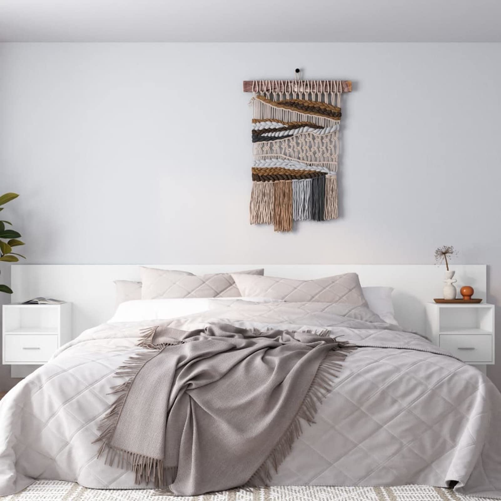Festnight tête de lit,tête de lit avec Chevet Suspendu,tête de lit avec Rangement,tête de lit Bois,Tête de lit et Tables de Chevet Un tiroir et Une étagère-Blanc