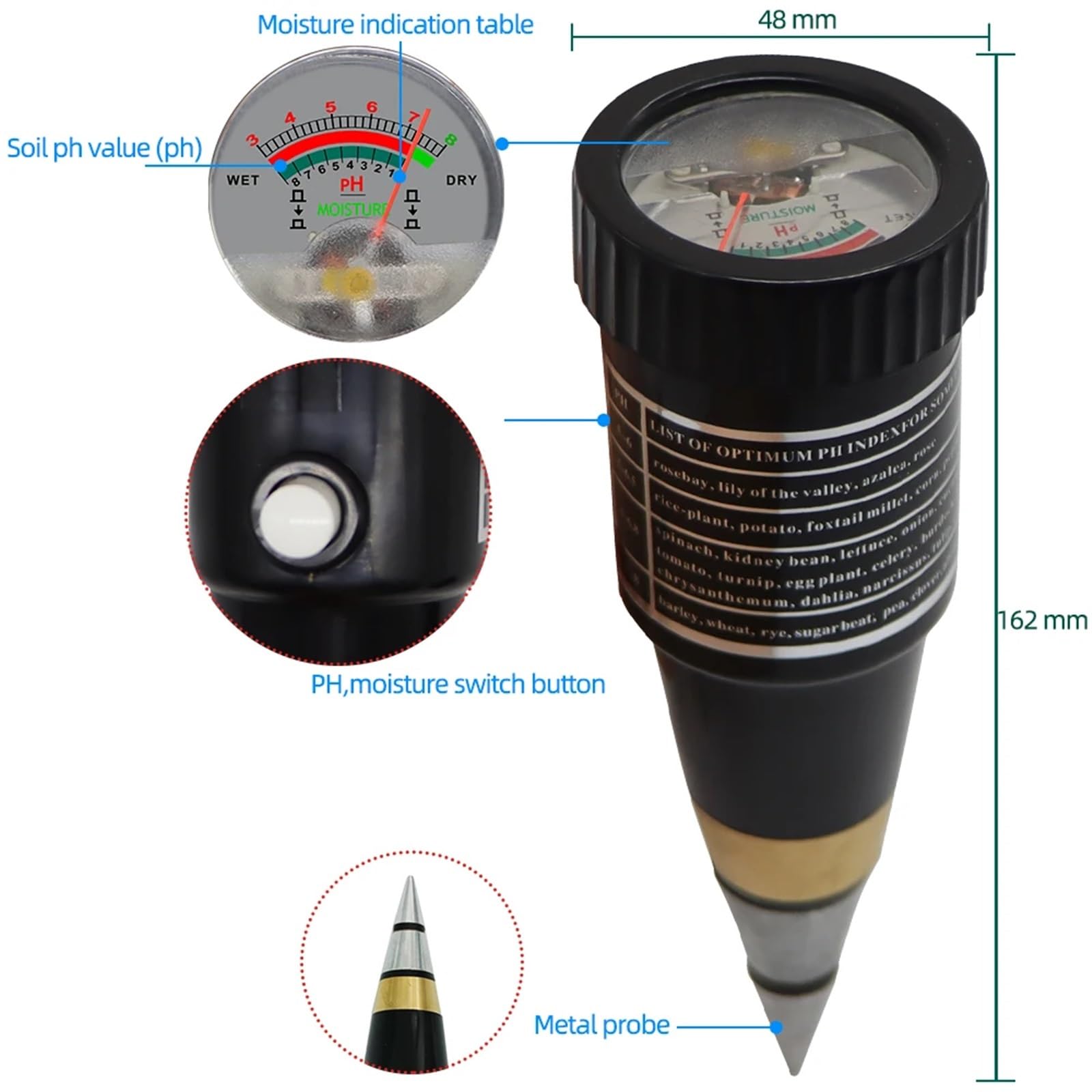 Testeur de Sol, Analyseur de PH/humidité du Sol Portable 2 en 1, analyseur Jardin, testeur d'acidité, Outil Plantation for Les Cultures Pot(Long Probe)