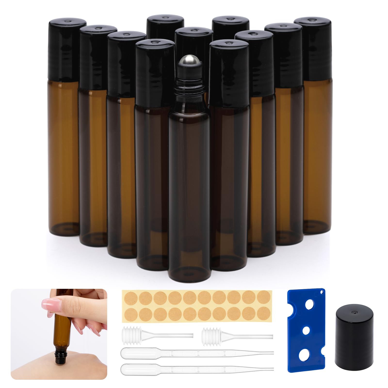 Carehabi Lot de 12 Flacon à Bille Verre pour Huile Essentielle, 10ml Flacons Roll on vides Rechargeable Marron Transparent Bouteille avec pipette pour Huiles Parfumé, Cosmétique, Massage