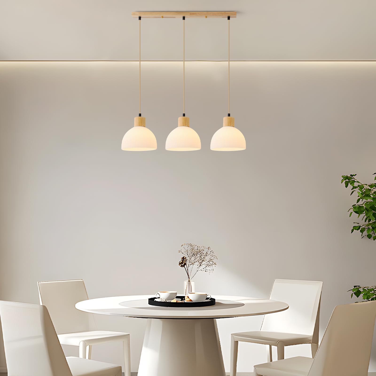 3 LumièRes Suspension Luminaire,Bois Et Verre Blanc Lustre Salon E27 Cuisine Lampe Hauteur RéGlable Vintage Luminaires IntéRieur Pour Chambre Deco