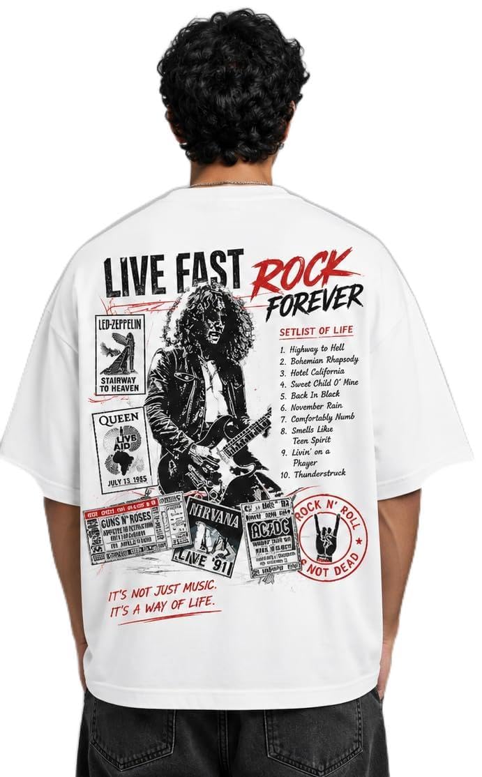 Rock Forever Oversized T-Shirt | Live Fast Back Printed Graphic Tee | Vintage Rock Music Concert Poster Style | 240 GSM Biowashed Cotton