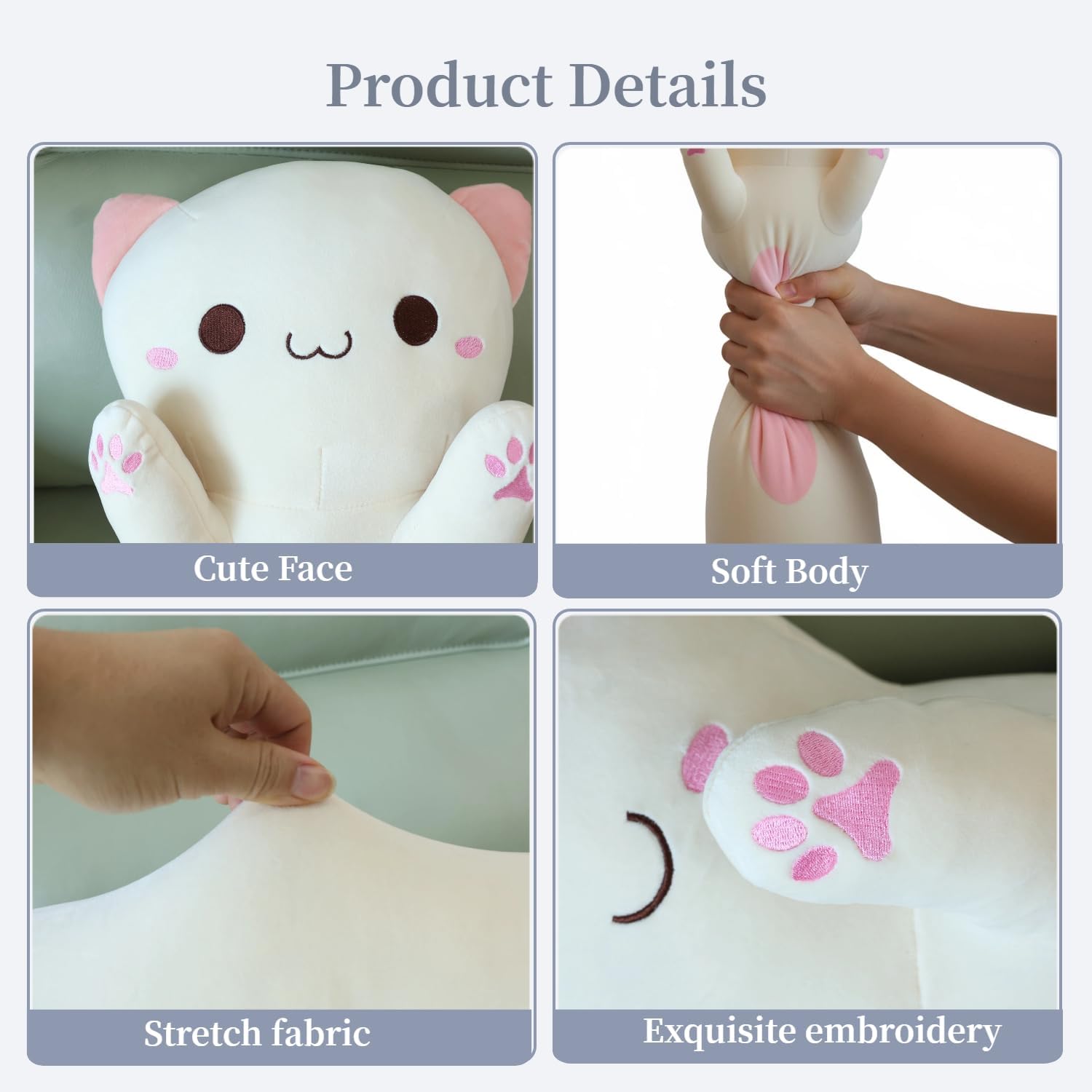 Long Cat Plush Toy – Ultra Soft Cat Plush Pillow Stuffed Animal for Kids & Adults, Kawaii Kitty Body Pillow, Cute Plushie Gift for Kids Girlfriend (Cream, Round Eyes, 60cm/23.62inch) - Image 5
