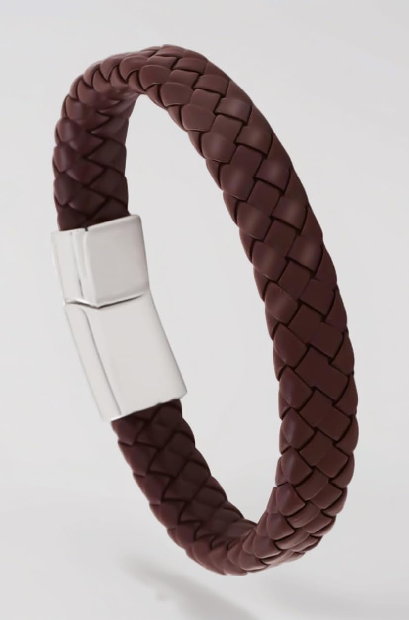 Brown Silver Genuine Leather Stainless Steel Handcrafted Braided Magnetic-Clasp Wra Wrist Band Bracelet Men and Boys