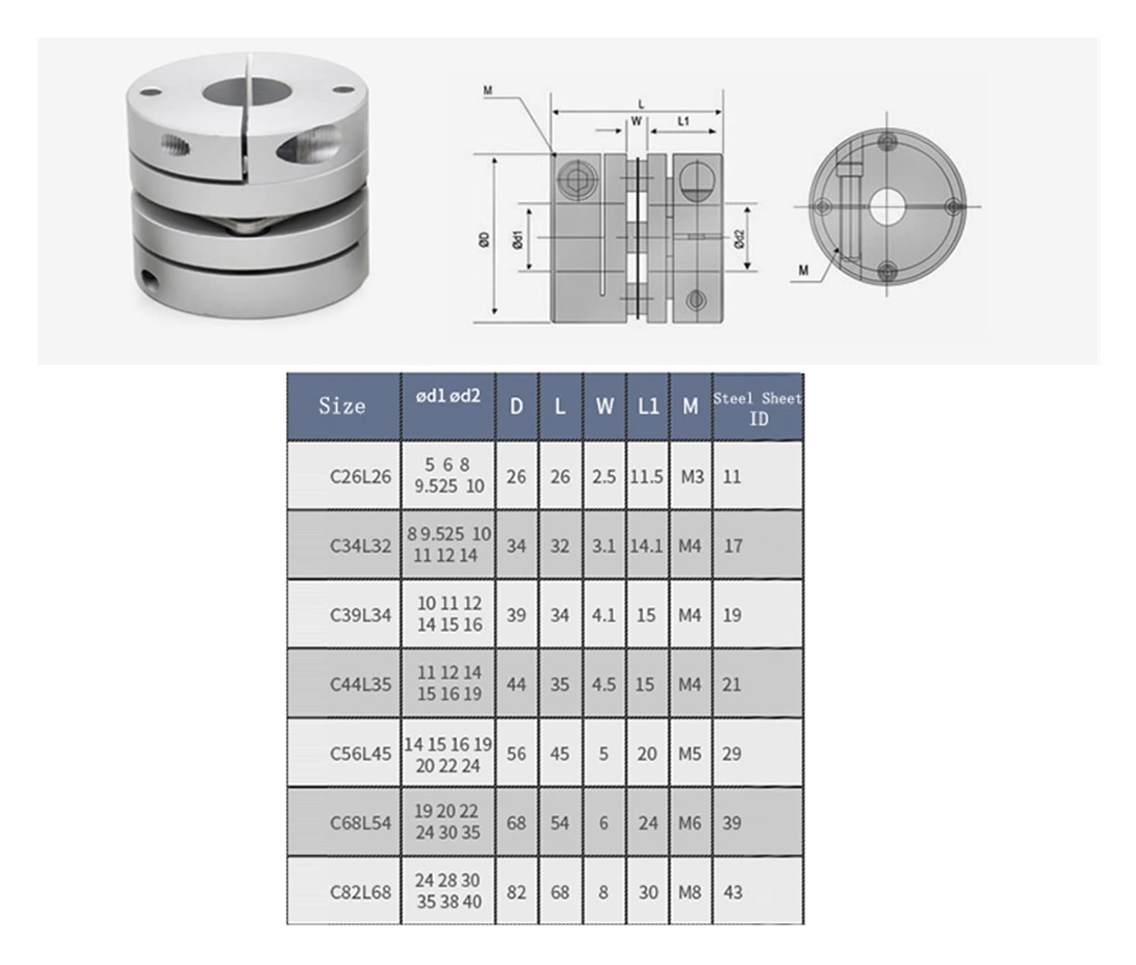SSIMOO 39 mm de diámetro 34 mm de Longitud 8 mm 9 mm 10 mm 15 mm a 19 mm Acoplador del Eje del codificador del Motor Acoplamiento de Membrana de diafragma único Flexible Kindly (Size : 16x16)