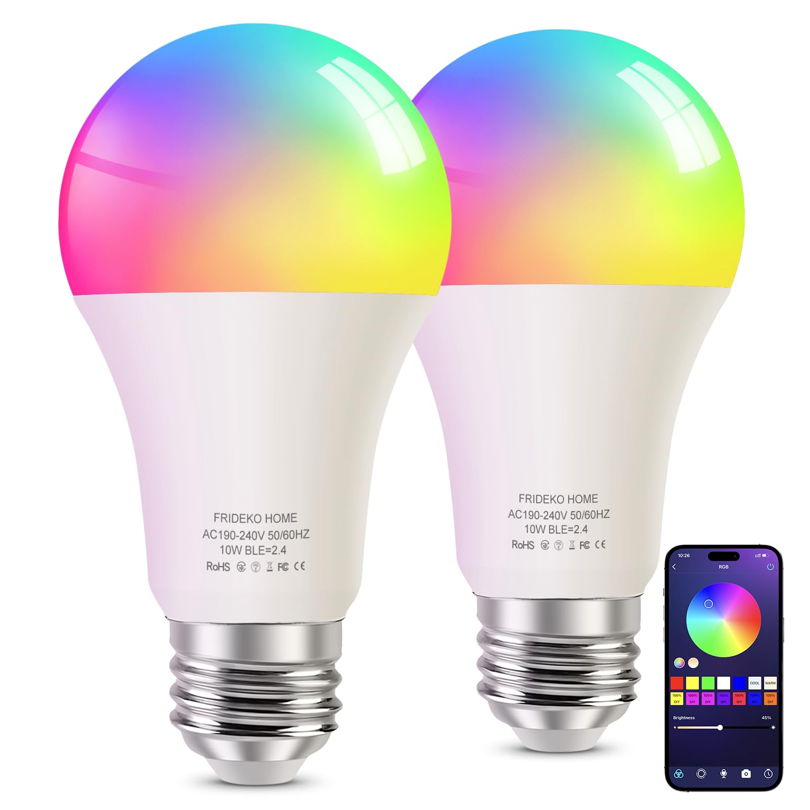 FRIDEKO HOME Smart Light Bulb - Bluetooth Light Bulbs, LED Color Changing Light Bulb Work with APP Control, 10W E27 RGBCCT Dimmable Lightbulbs, 900LM,2 Pack