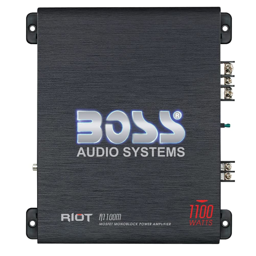 KIT SET PARA BOSS AUDIO SYSTEMS RIOT R1100M 1 amplificador 1 canal monofónico clase ab 1100 watt máx. 1 x 825 watt rms bass boost 0/+18 db con control remoto incluido, 1 pieza