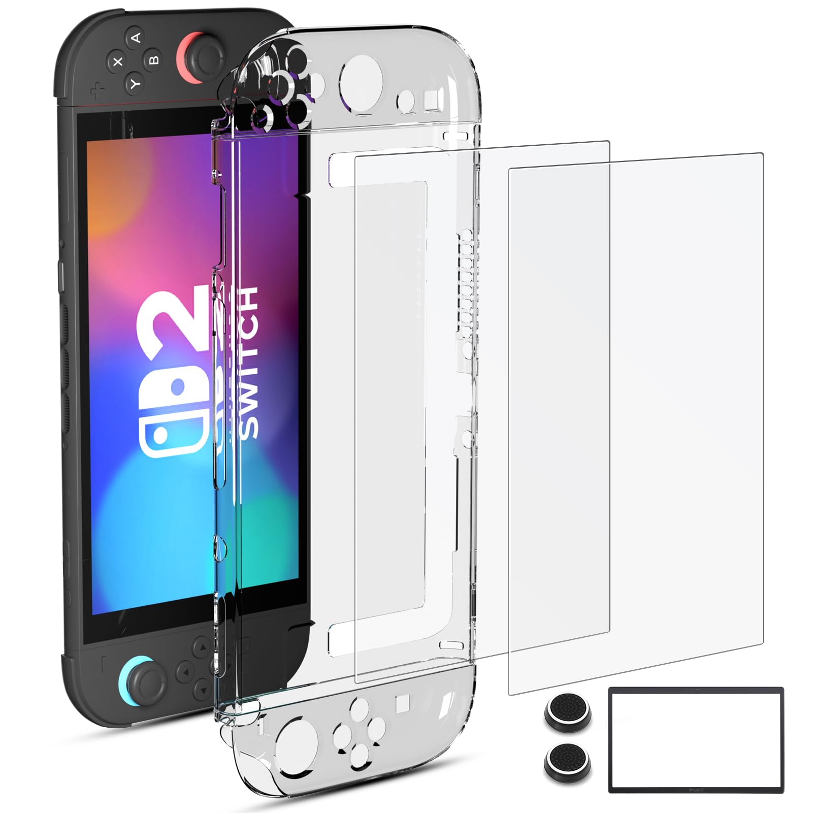 Cover Protettiva per Nintendo Switch 2 2025, Custodia Trasparente in TPU Resistente a Urti e Graffi, con Supporto, 2 Protettori di Schermo e 2 Cappucci per Manopola del Pollice