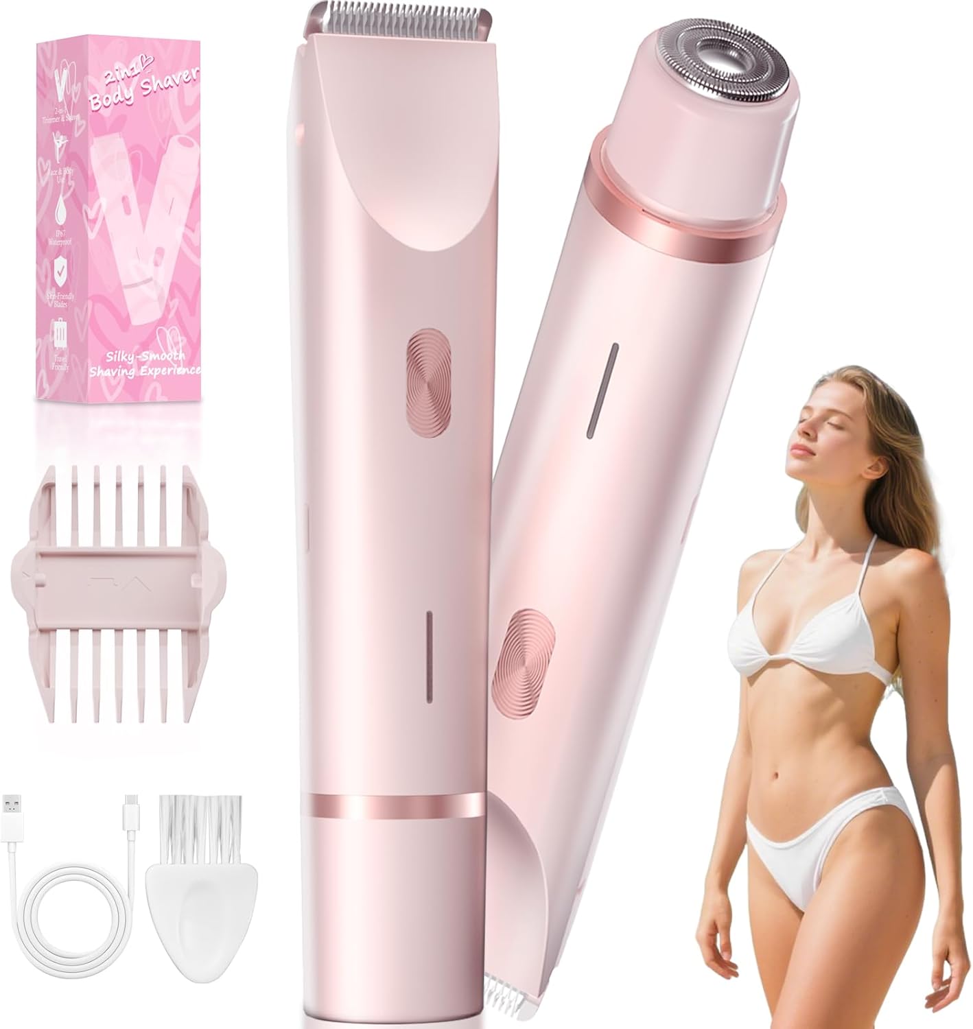 Bikini Trimmer Electric Razors for Women, Personal Shaver for Pubic Hair, Bikini Line, Legs, Underarms & Face, USB-C Rechargeable, Gentle on Sensitive Skin, Rinsable, Gift, Petal Pink