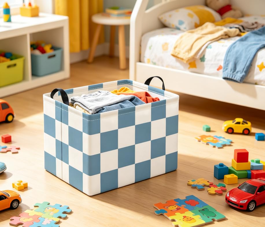 Image of Rectangular Baby Kids Storage Basket for Home Kitchen Girls Cute Toy Storage Bin Organizer Shelf Book Room Decor(Blue Checkered)