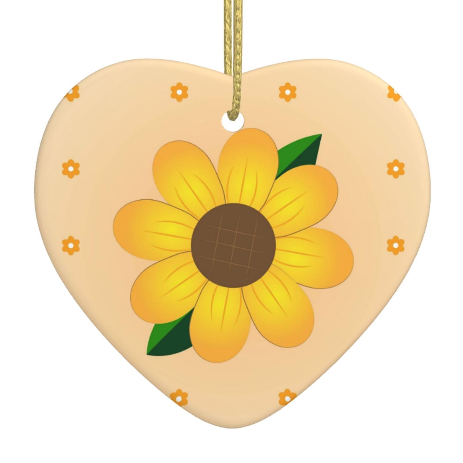 Golden Sunflower Ceramic Christmas Heart Pendant with Silk Thread, Christmas Tree Home Decoration