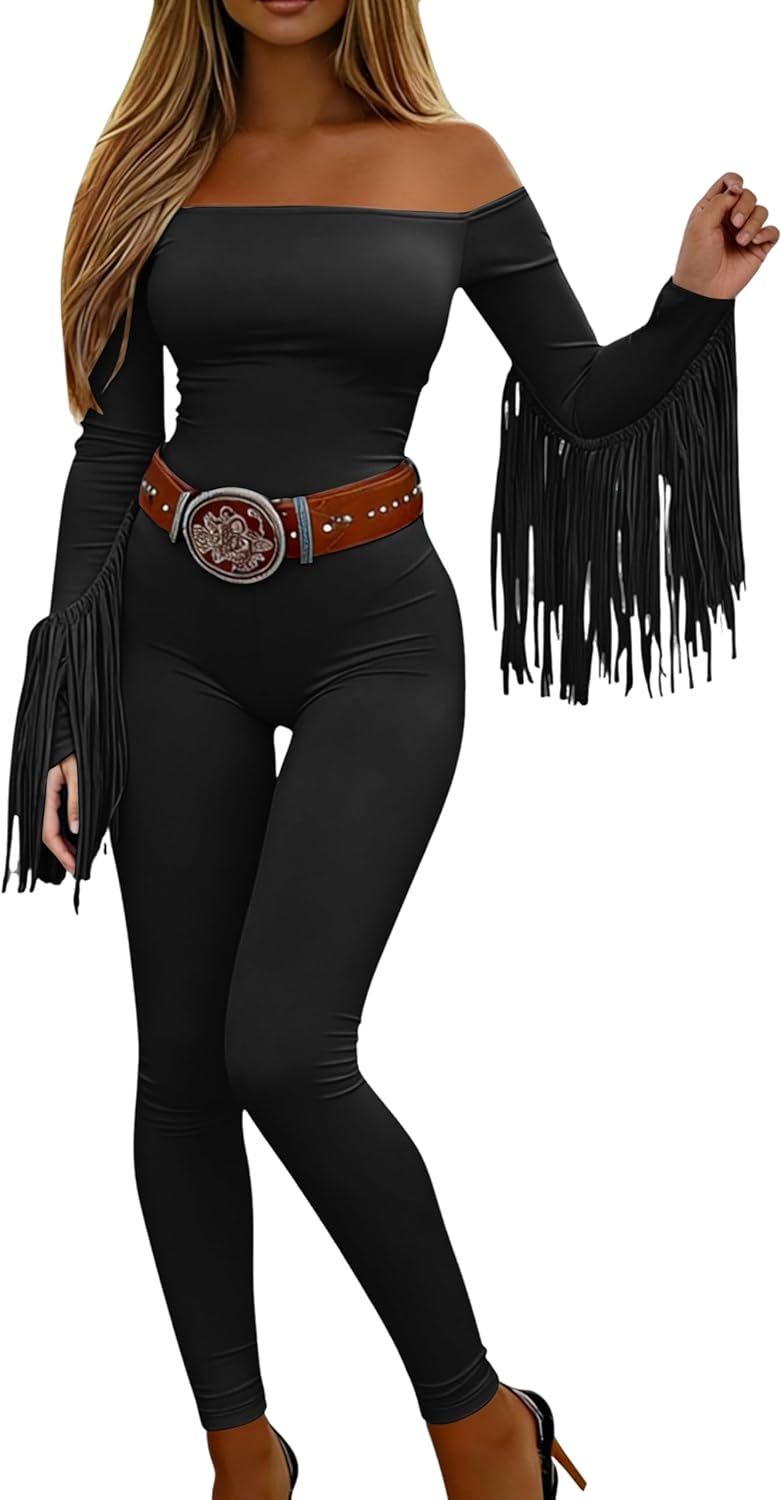 KWSTAIN Off The Shoulder Jumpsuit Fall Western Cowgirl Outfits Long Sleeve Fringe One Piece Romper For Women With Pockets