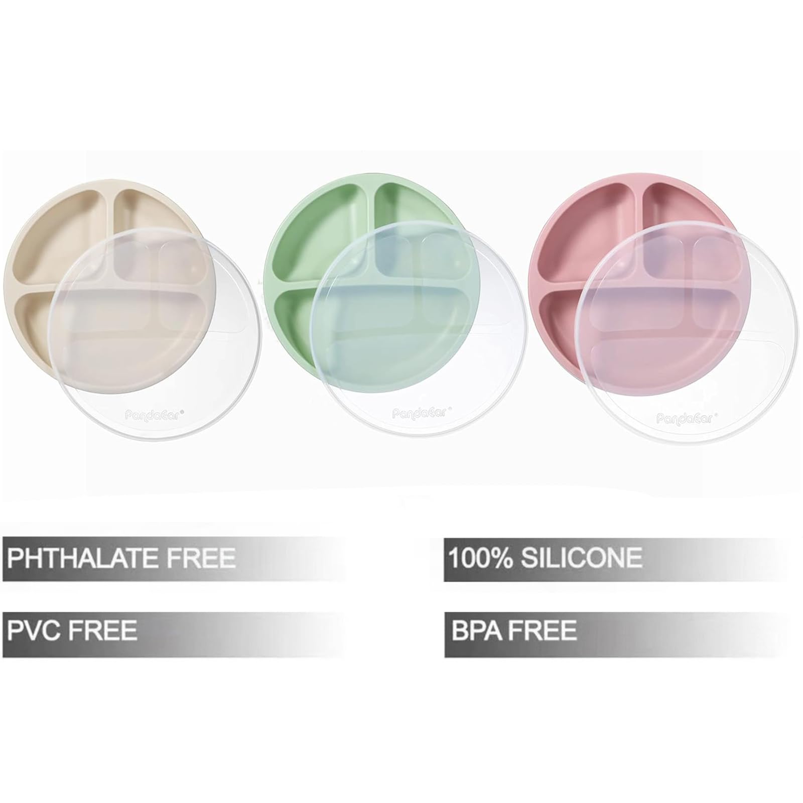 PandaEar Assiettes à succion en silicone pour bébés et tout-petits, lot de 3 assiettes divisées incassables avec couvercle - Lavable au lave-vaisselle et au micro-ondes (Rose Vert Beige clair)