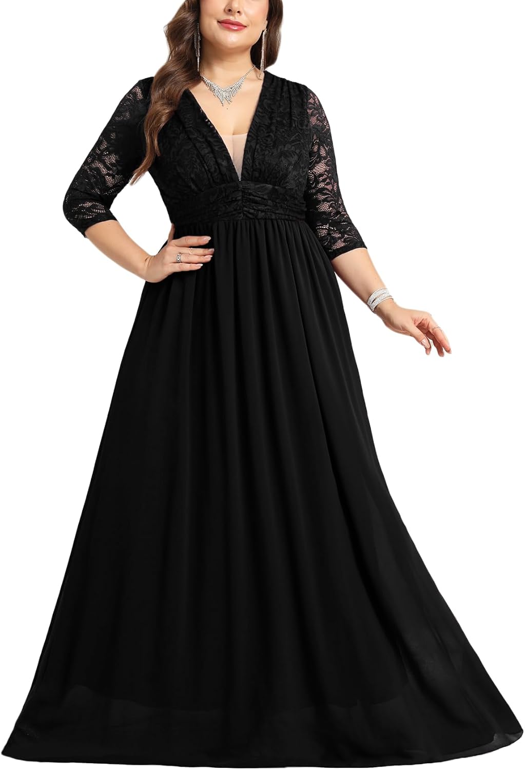 CYCLAMEN Plus Size Wedding Dress Lace Chiffon Deep V-Neck A-Line Long Sleeve Maxi Dresses Formal Evening Gown Cocktail