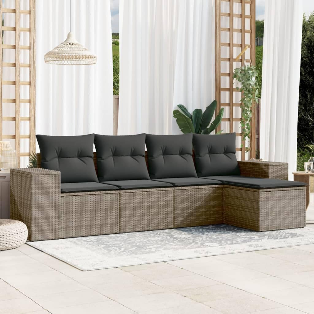 Set Divano da Giardino 5 pz Polyrattan Modulare con Cuscini Grigio | Salotto componibile da esterno per cortile o terrazza, dotato di sedute accoglienti con cuscini imbottiti e sfoderabili.