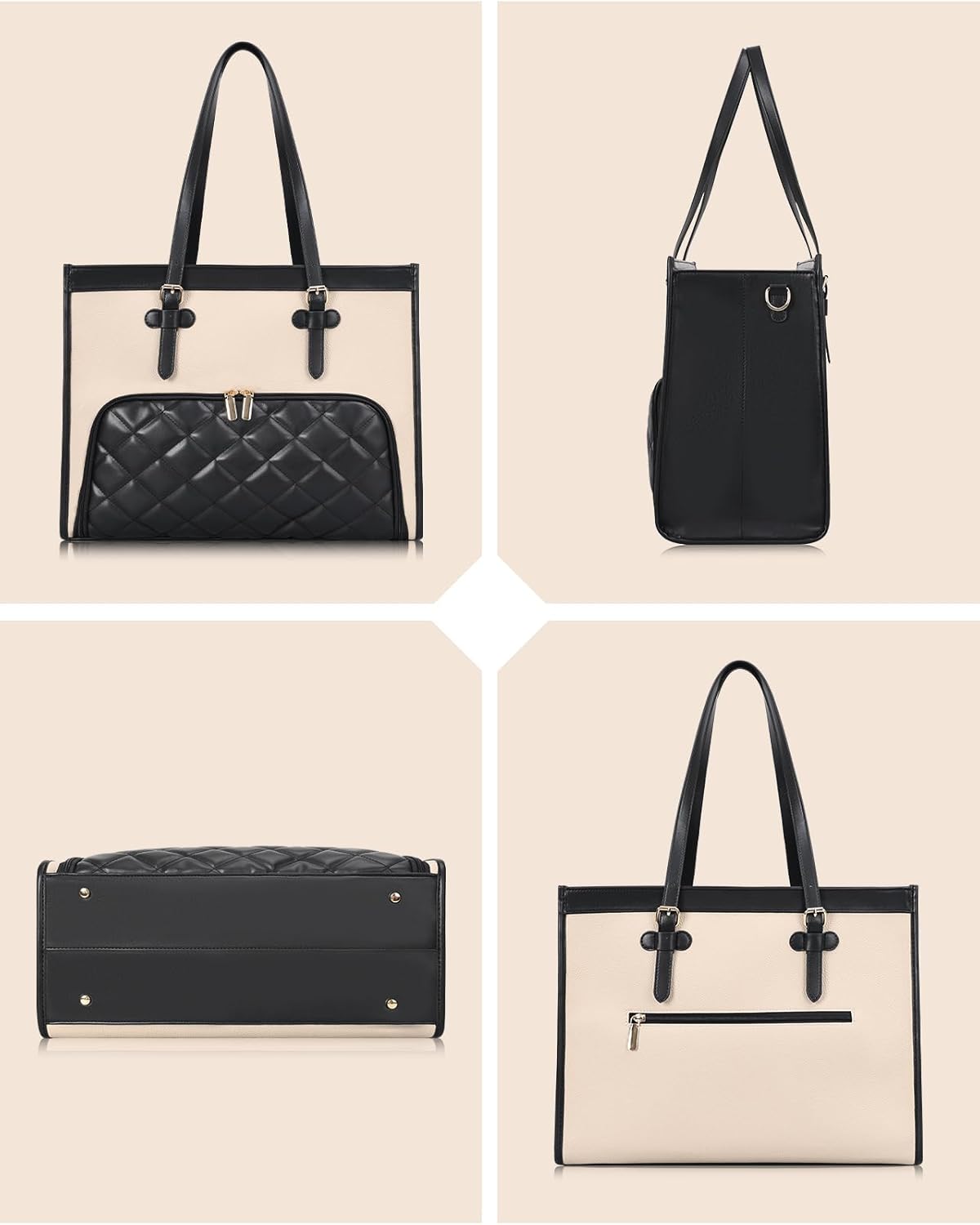 ESTARER Laptop Tote Bag with Insulated Lunch Compartment, 15.6 Inch PU Leather Laptop Bag For Women, Computer Work Handbag for Teacher, Nurse, Office, Collage, Casual, Black&White - Image 8