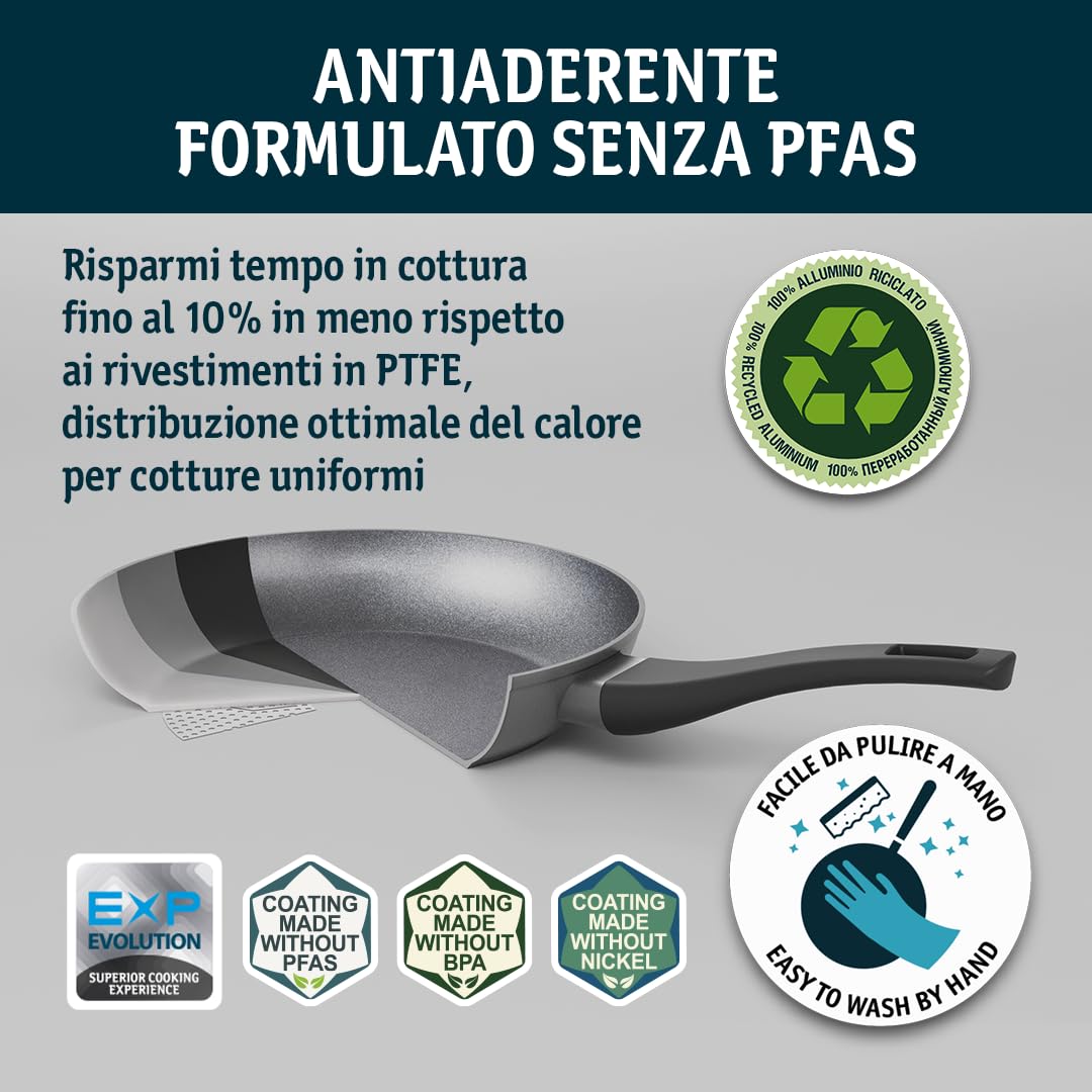 TVS ORIGINE INDUCTION Padella Antiaderente 30 cm, Rivestimento EXP formulato SENZA PFAS, Made in Italy, per tutti i piani cottura, con Coperchio in vetro e pomolo portamestolo