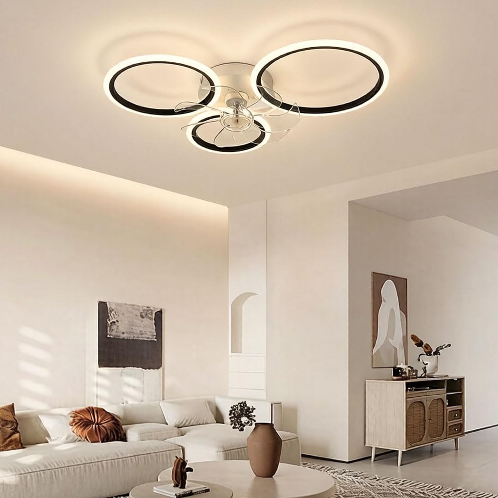 LED Dimmerabile Plafoniera Con Ventilatore Moderno Creatività Doppio Anello Lampada Da Soffitto Ventilatore Silenzioso Ultra-Sottile Soggiorno Camera Da Letto Fan Luci Illuminazione, Ø78cm