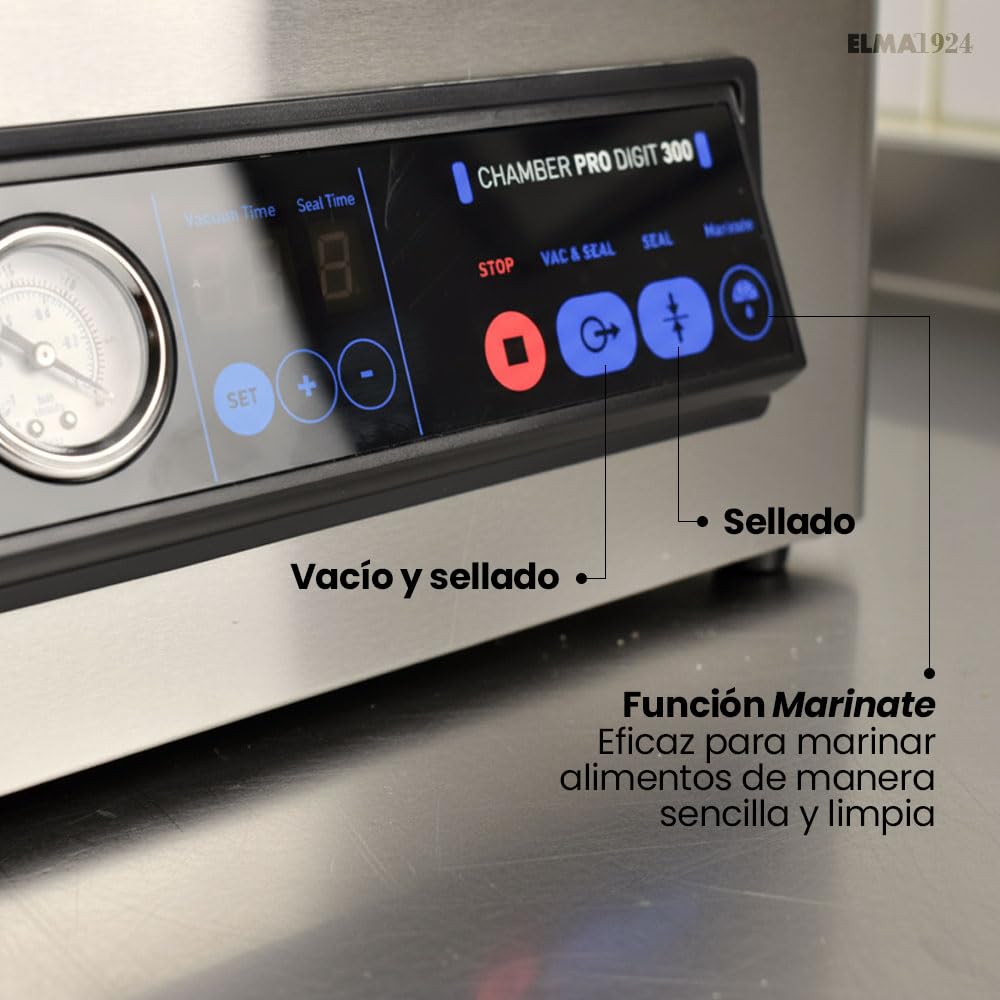 ELMA Envasadora al Vacío Profesional Chamber Pro Digit 300 | Uso Intensivo, Barra de Sellado de 30 cm, Permite Envasar y Sellar con Líquidos, 43 x 36 x 23.5 cm, 350 W, Incluye Bolsas al Vacío