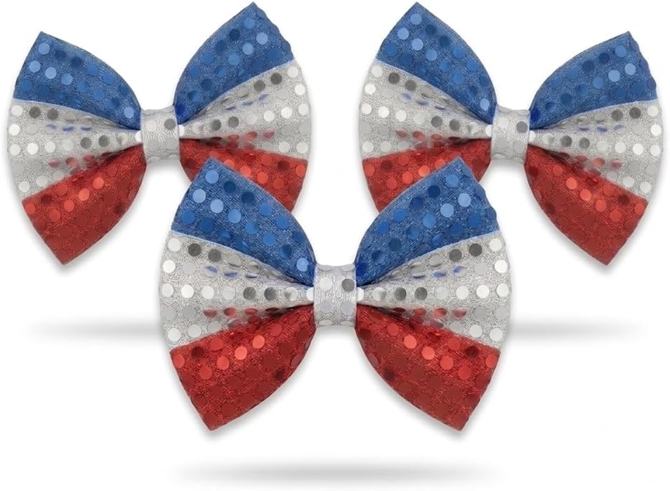 PMU Patriotic Sequin Bowtie, Adjustable Strap, Red White & Blue American Flag Design, 4th July Costume Accessory for Holidays