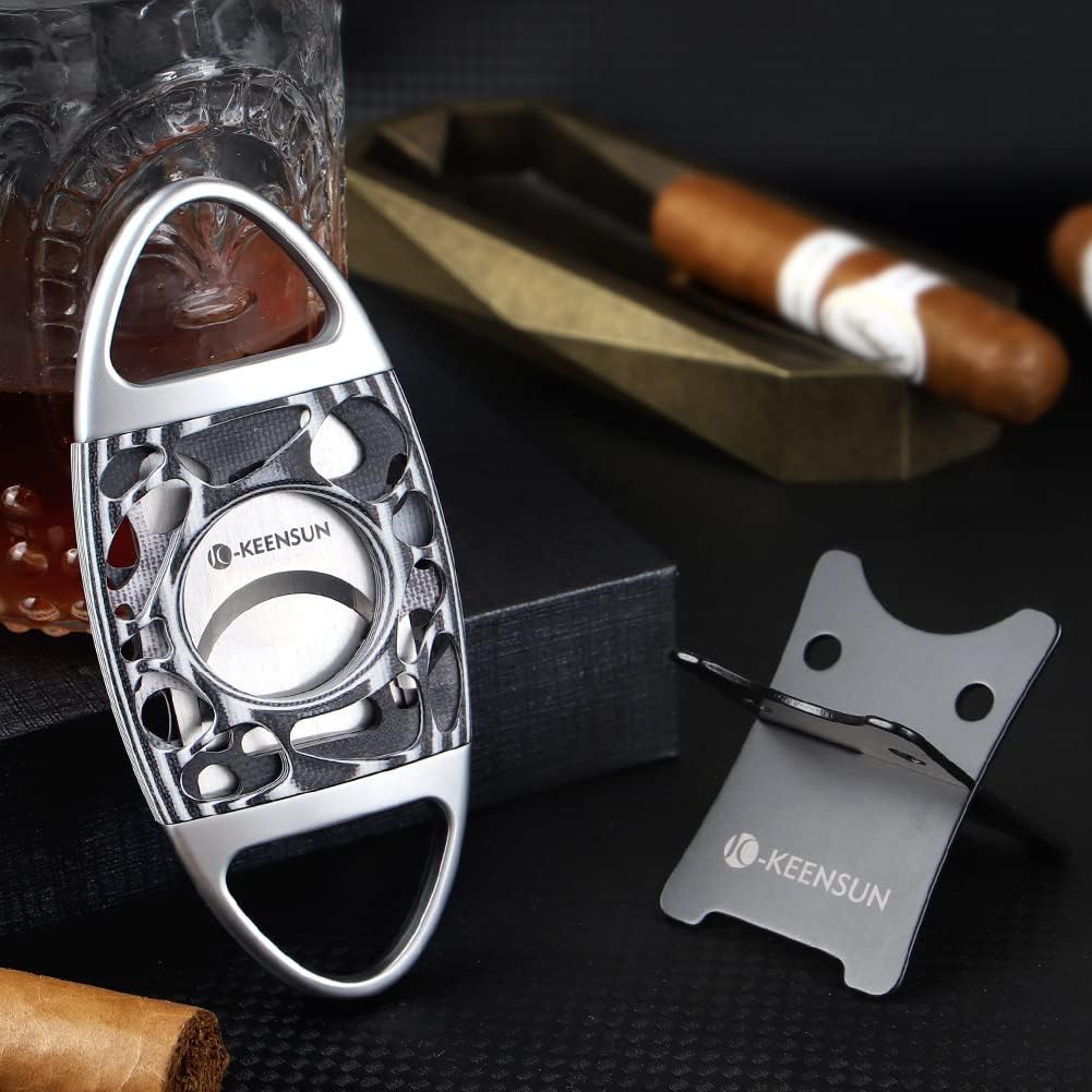 KEENSUN - Zinc Alloy Cigar Cutter Guillotine Stainless Steel Double Blade,Portable Cigar Cutter Tool with Hollow Out G10 Shell,2 Pack Set with Gift Box (Cigar Cutter and Stainless Steel Cigar Holder)