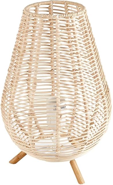 Freestanding Woven Rattan Floor Lamp - Stylish Modern Bedside Table Lamp - Home Decor Lighting for Living Room, Bedroom, Dining Room or Hallway - 31 cm (H) x 23 cm (W) 23 cm (D)