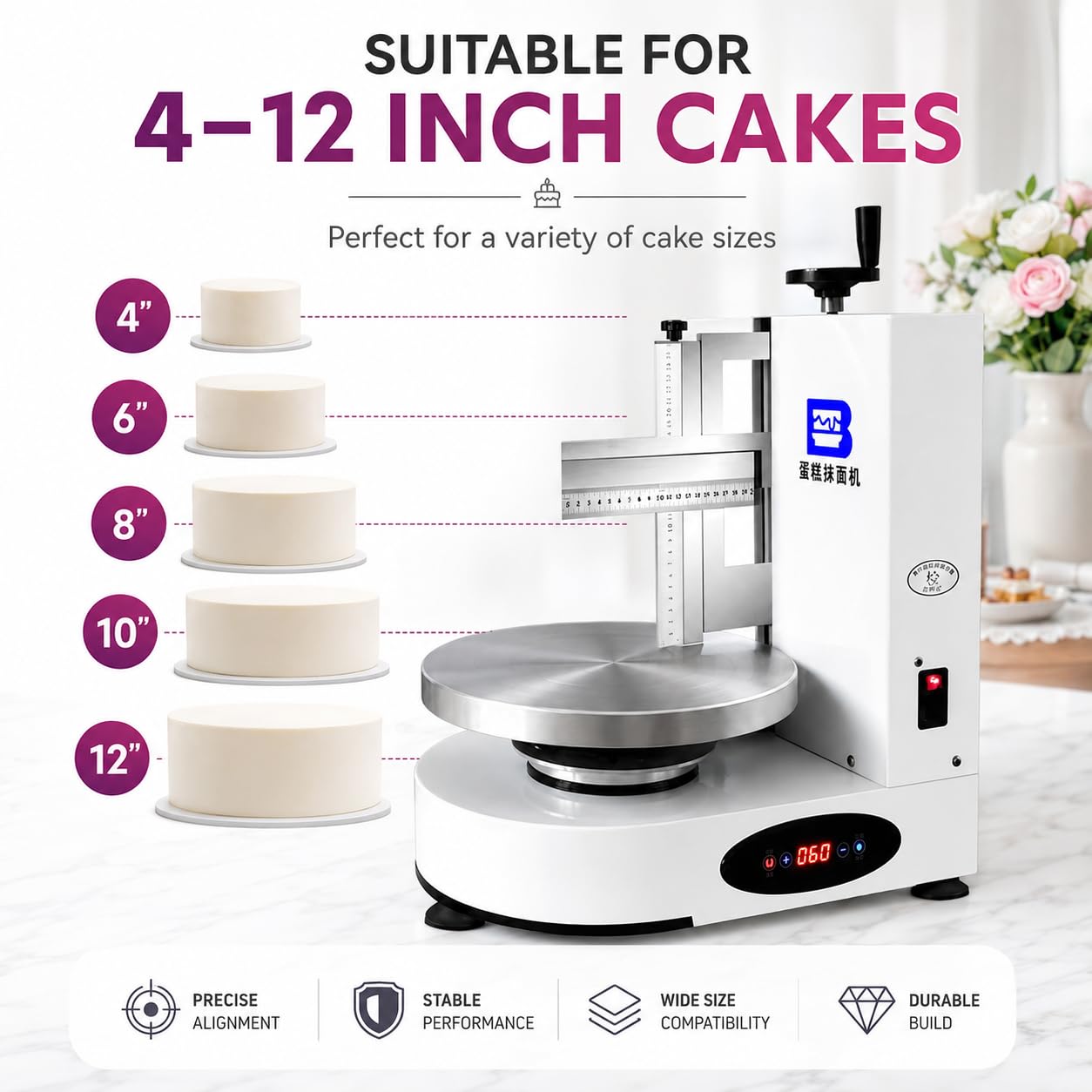 Plateau tournant électrique de 35 cm avec rotation automatique – Grattoir réglable pour gâteaux de 10 à 30,5 cm, lisseur de glaçage et épandeur de glaçage (blanc)