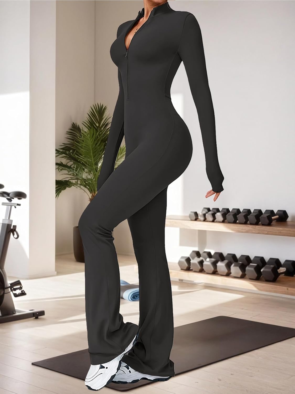 ECUPPER Women Long Sleeve Flared Jumpsuit Zip Up Romper One Piece Full Bodysuits Yoga Unitard Wide Leg Sexy Catsuit - Image 2