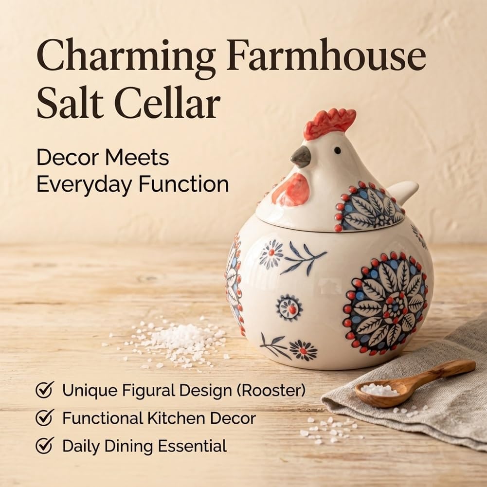 Ceramic Salt Cellar with Lid Chicken Decor Pepper Container Spoon Jar Spice Holder Sugar Bowl Kitchen Countertop Sea Pinch Pot Rooster Shaped Marble Set Small Stone Storage Containers