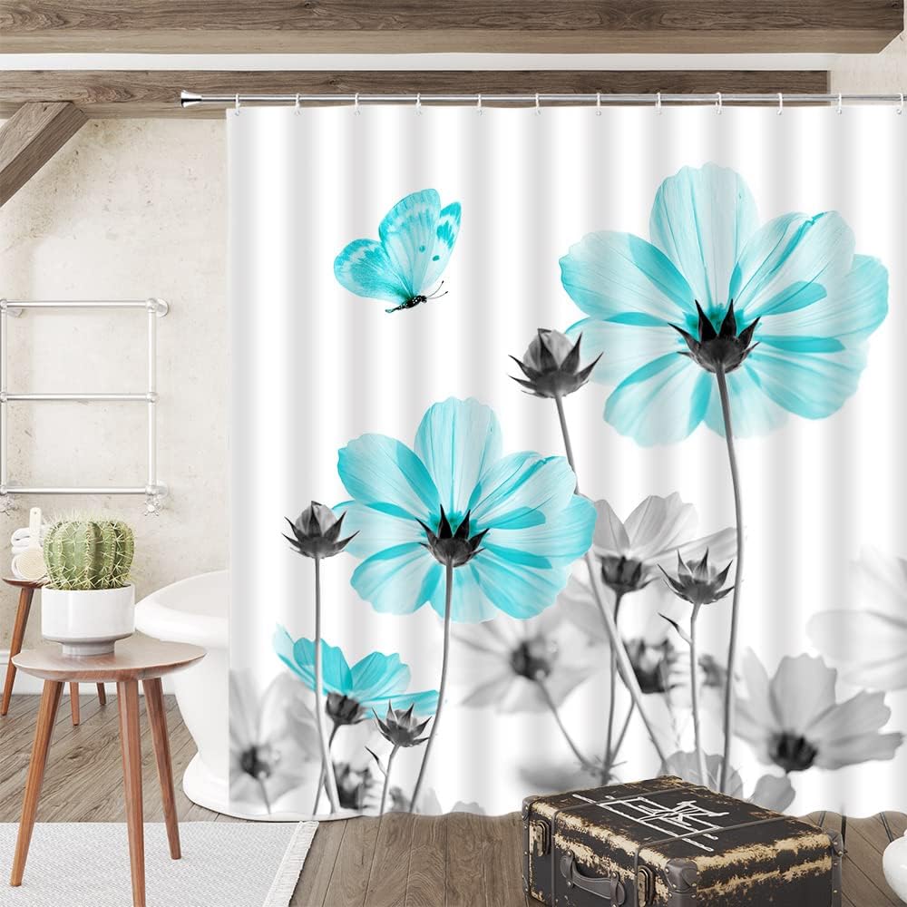 Teal Grey Floral Shower Curtain Rustic Plant Retro Daisy Abstract Elegant Natrue Bathroom Curtain Fabric with Hooks(70" Wx84 H)