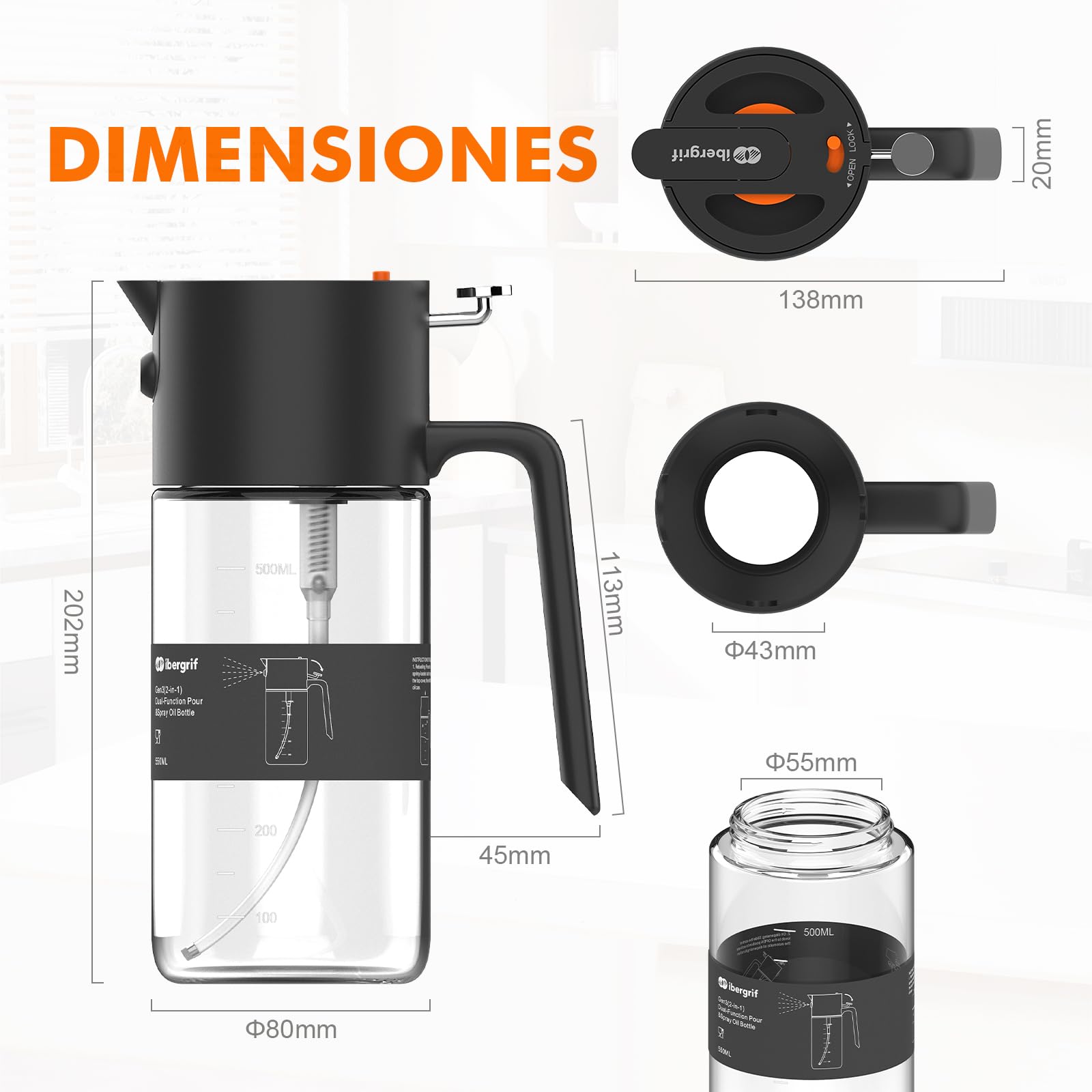 Ibergrif 2 en 1 Pulverizador de aceite 500ml – Rociador de aceite con Escala, Altura 202mm, Aceitera spray de Vidrio de borosilicato, Antigoteo para Freidora de aire, Barbacoa, Ensaladas, Negro, M530B — view 8