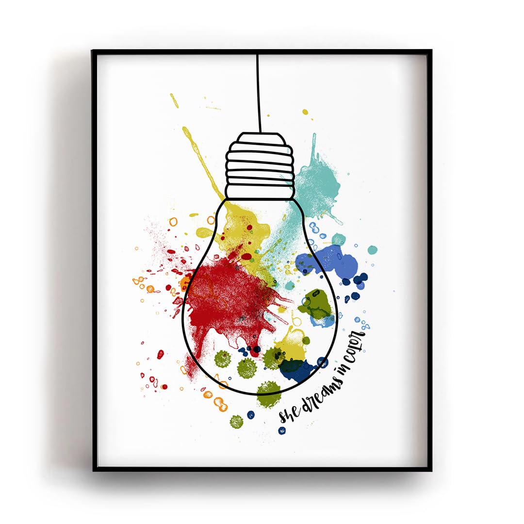 Colorful Abstract Lightbulb Wall Art Print Motivational Paint Splatter Poster For Office Playroom Oversized Artwork (8x10" Unframed)