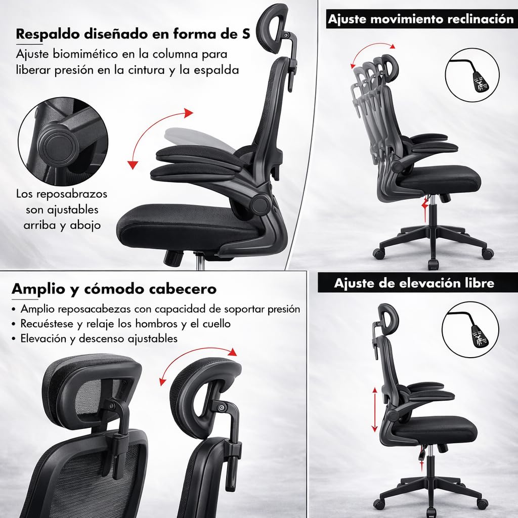 Silla de oficina ergonómica con respaldo de malla transpirable y reposacabezas ajustable | Asiento acolchado, reposabrazos abatibles y base resistente con ruedas giratorias | Diseño moderno