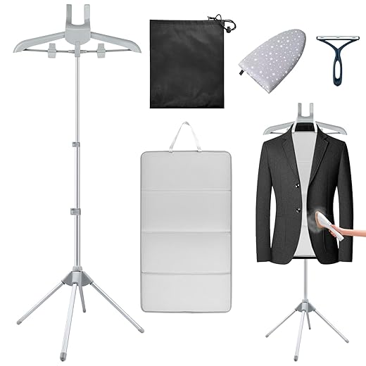 Foldable Garment Steamer Hanger Stand with Ironing Gloves, Adjustable Steamer Rack Included Lint Remover & Storage Bag, 2 Clips&Portable Ironing Board for Suits Shirts Coats Portable Travel Home Use