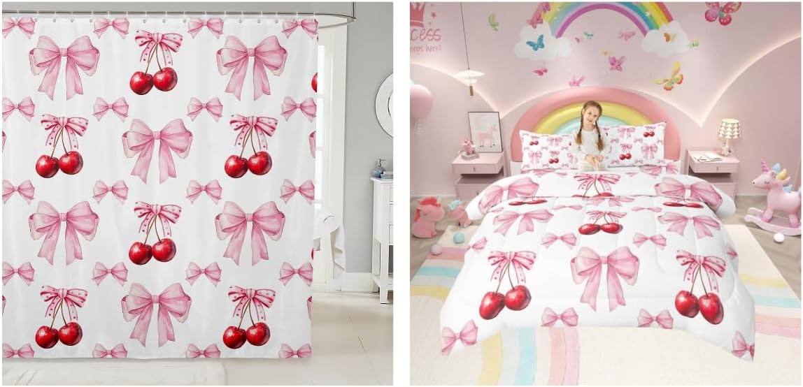 Erosebridal Bow Cherry Shower Curtain 72" Wx72 L and Comforter Set Twin Size