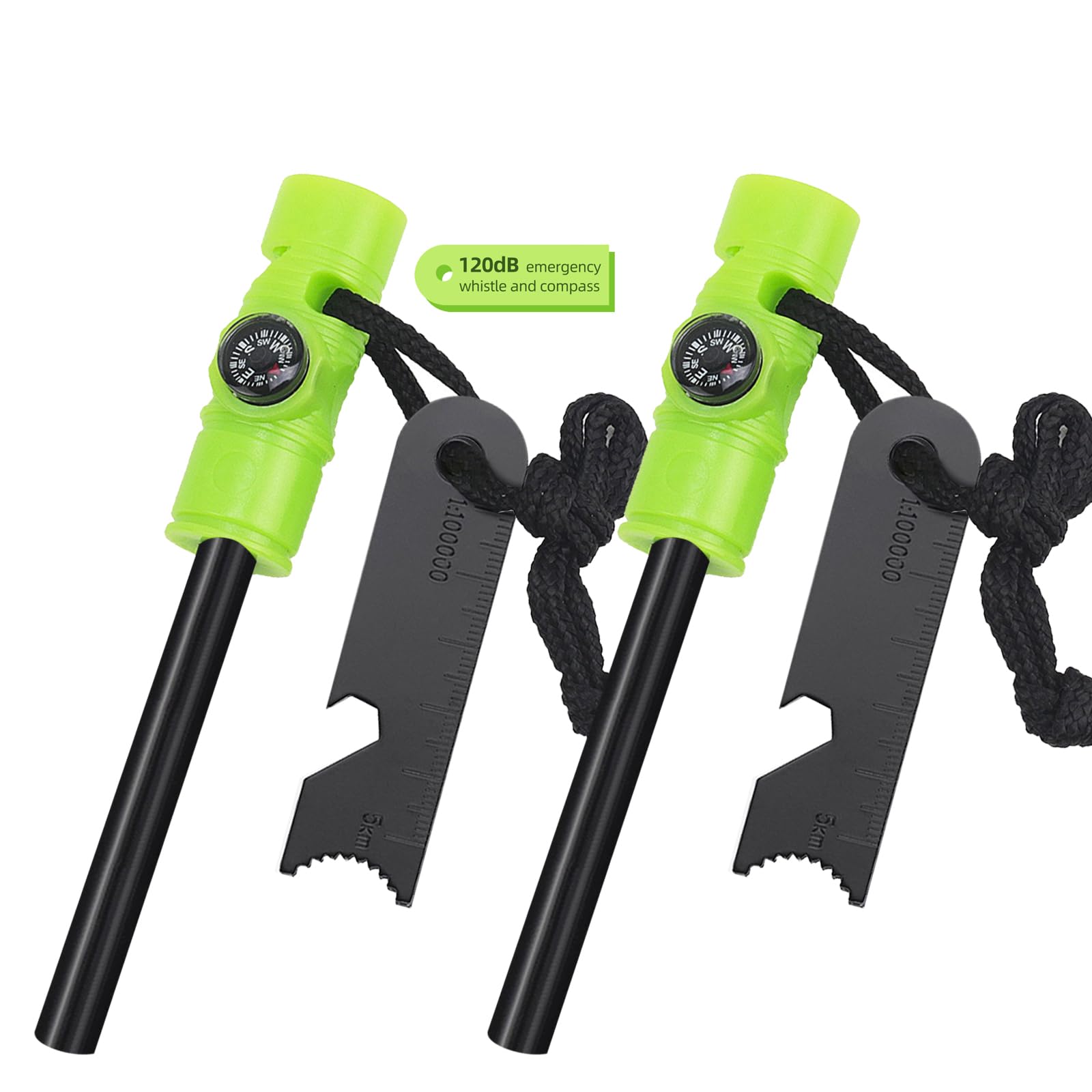 Flint and Steel Fire Starter Kit, 2Pcs Glow in the Dark 5-in-1 Multifuctional Fire Steel with Compass Scale Scraper Whistle Magnesium Ferro Rod Fire Striker Survival Tool for Travelling Camping Hiking