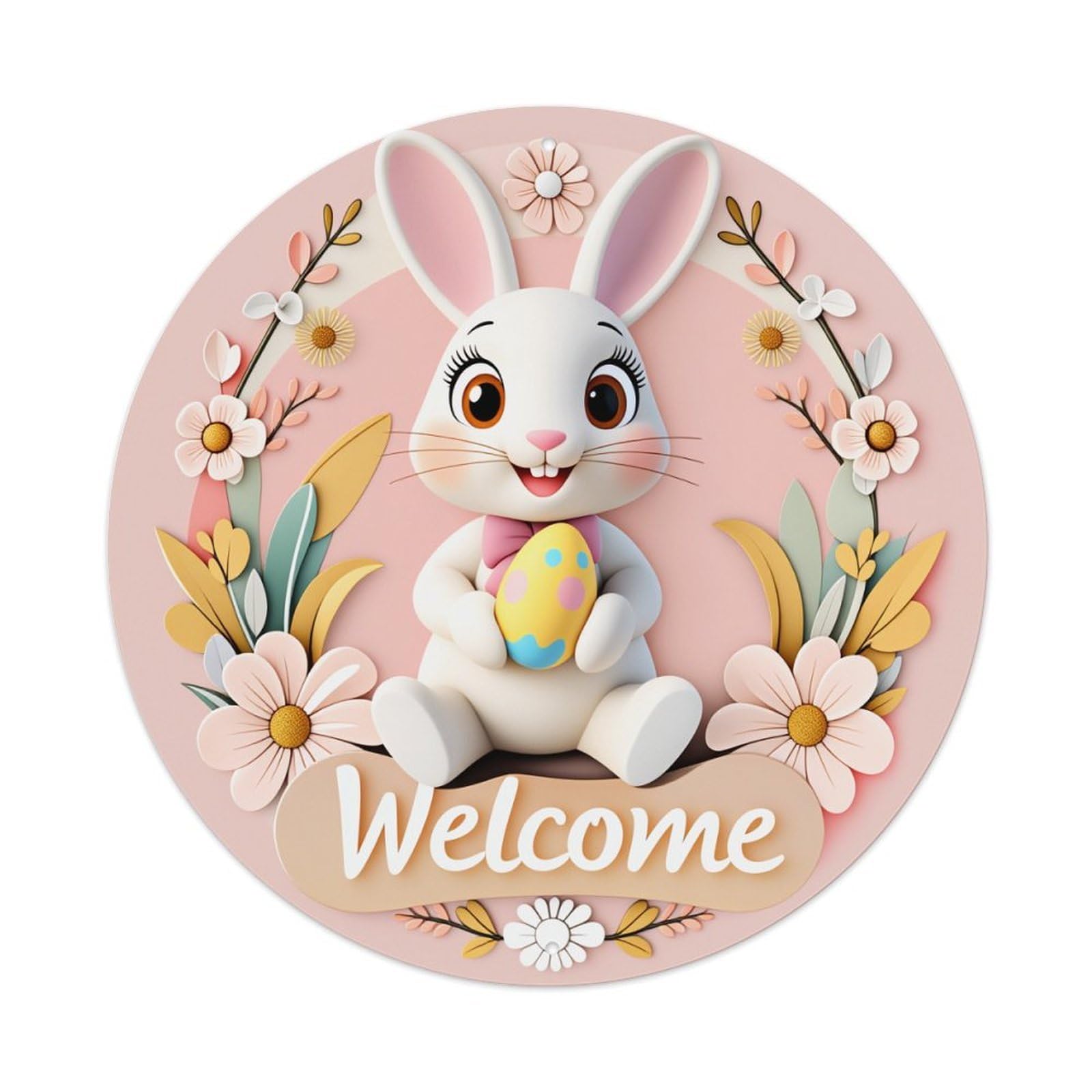 Easter Bunny Floral Welcome Pattern Round Tin Sign Vintage Metal Poster Retro Bar, Home, Man Cave, Kitchen, Laundry Room Wall Art Decor Gift 8x8Inch