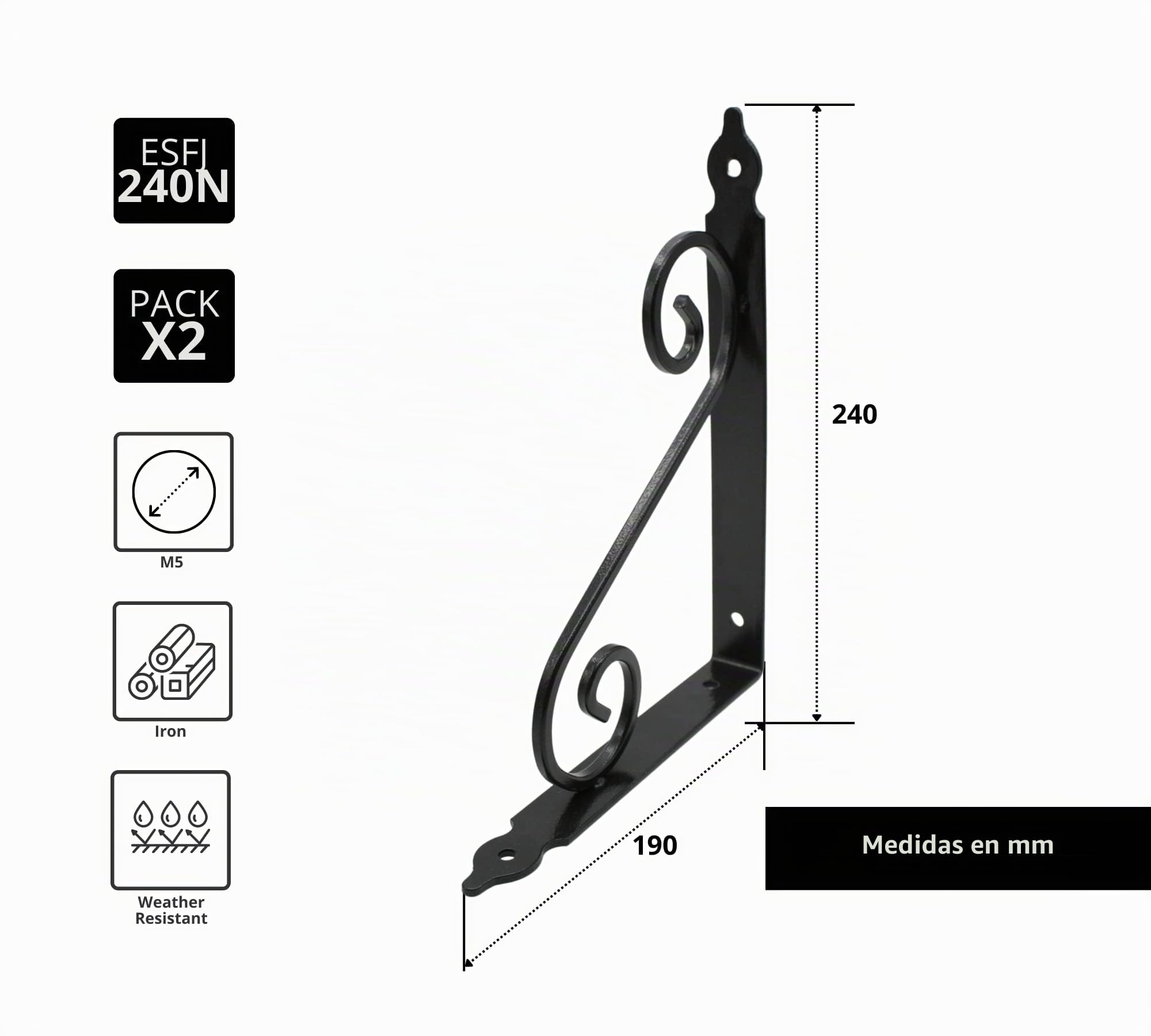 DOJA Barcelona | Escuadra Forja | 240 x 190 | Pack 2 | Soportes Negro | Escuadras Metalicas Reforzadas Encimera y Estanterias | Soporte Hierro Estante Angulos para Estanteria Pared, Mueble, Ventana