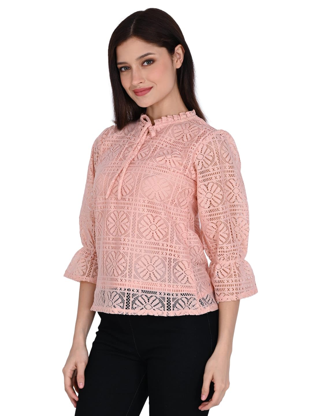 ORIEX THE ORIGINAL FASHION ORX-Girls tie up Neck Long Bishop Sleeves Knitted net top-141 (in, Alpha, XL, Regular, Peach) - Image 3 thumbnail