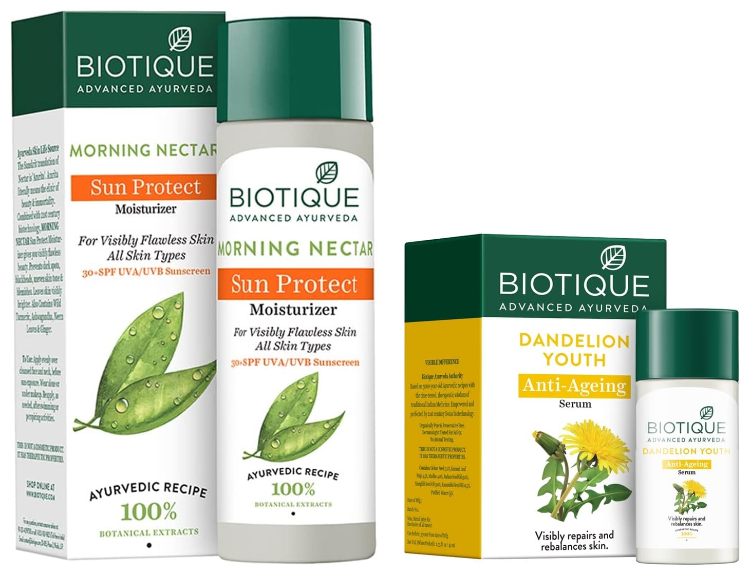 Biotique Bio Dandelion Visibly Ageless Serum, 40 Ml And Bio Morning Nectar Sunscreen For All Skin Types Ultra Soothing Face Lotion, Spf 30+, 120Ml, Pack Of 1