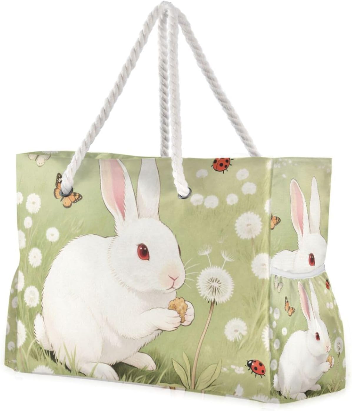 OTVEE Rabbit and Dandelion Patterns Beach Bags for Women Ladies Large Canvas Tote Shoulder Bag Waterproof Travel Bags for Gym Swim Pool Camping