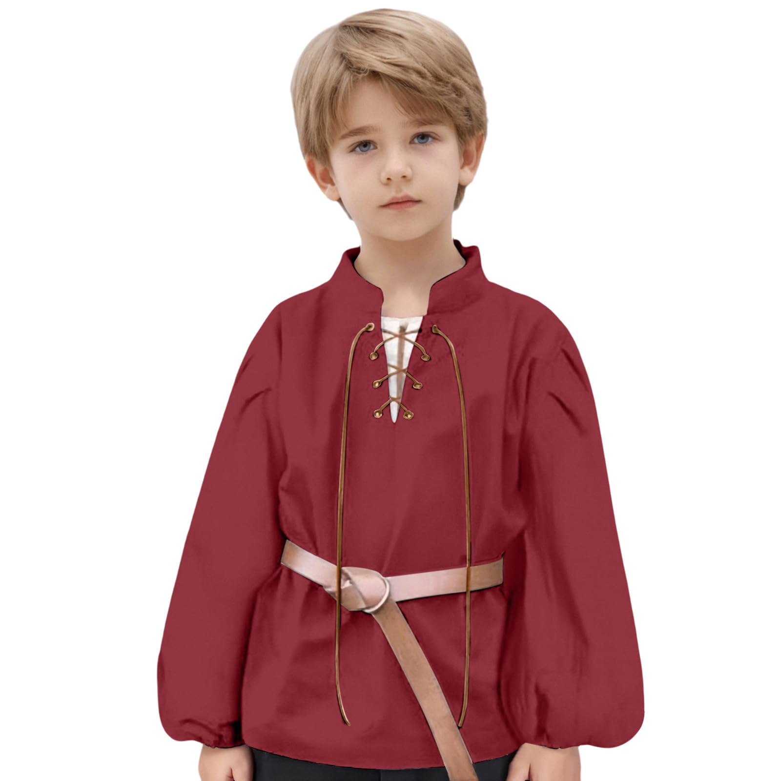 Lace up Medieval Shirt Tunic Costume Kids Boys Long Sleeve V Neck Blouse Tops Teenagers Renaissance Costumes Vintage Comfy Loose Children Maxi Pirate Shirts Retro Viking Colonial Top NO Belt Red