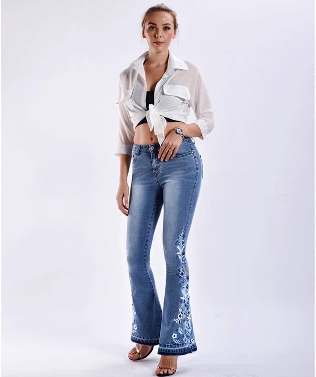 Lisskolo Bell Bottom Jeans for Women Flared Floral Embroidered Jean Wide Leg Denim Pants - Image 2