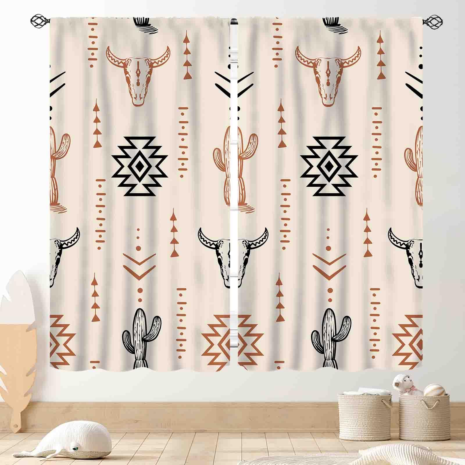 TKUYO Western Curtains for Bedroom, Rustic Cow Print Southwest Tribal Ethnic Cowboy Aztec Bull Skull Farmhouse Country Boho Window Drapery Treatments