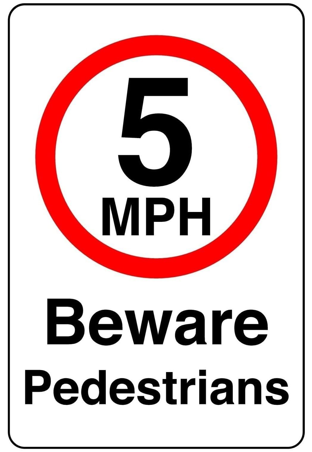 5mph beware pedestrians - High tack self-adhesive sticker (300mm x 200mm) Ensures safety within 4m viewing distance, promoting road safety.