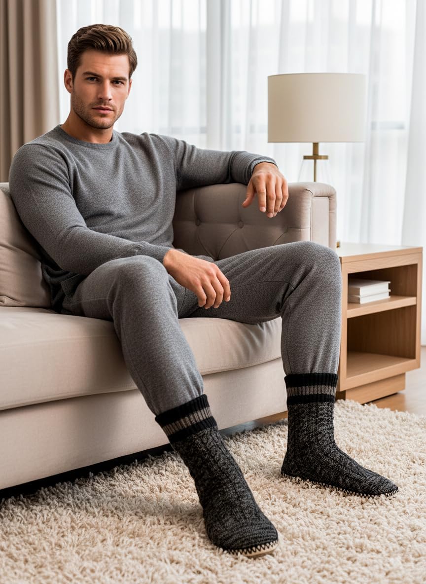 Cozylook Mens Slipper Socks Fleece Lined Non-slip Soles, Winter Soft Thick Cozy Home Boots, Warm Fuzzy House Shoes Indoor - Image 3