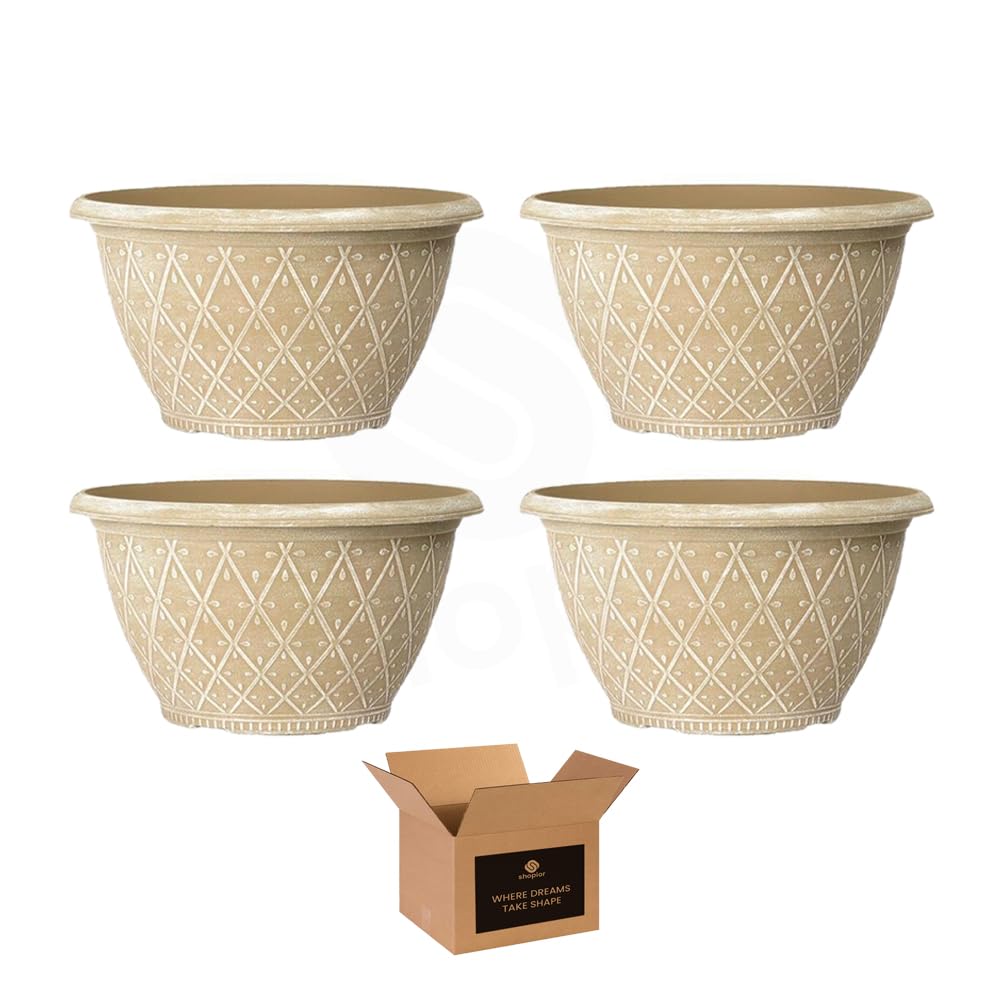 Shopior Powdered Ginger - Pack 4 Prisma Bowl Planter 25Cm (10 Inch) 4L | Decorative Round Plastic Plant Pot For Indoor & Outdoor Use, Weatherproof Garden Decor Flower Pot For Herbs & Small Plants (Powdered Ginger - Pack 4)